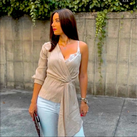 New Zara Beige Tan Asymmetrical Cami V Neck Lace One Shoulder Blouse Top - Picture 8 of 16